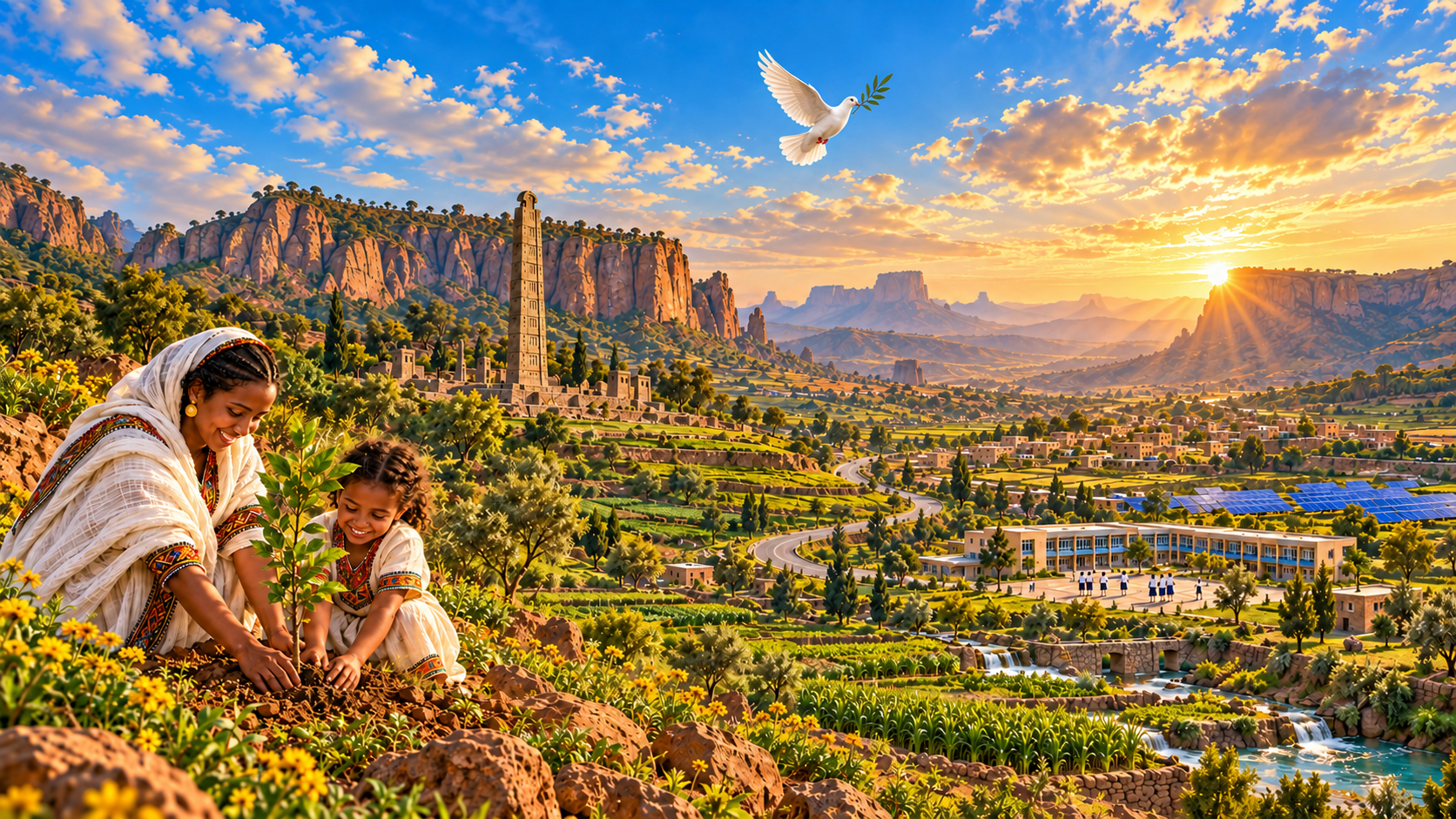 Artwork of a mother and child planting a tree amid Tigray’s highlands, farms, a school, and solar panels, with a dove symbolizing peace.