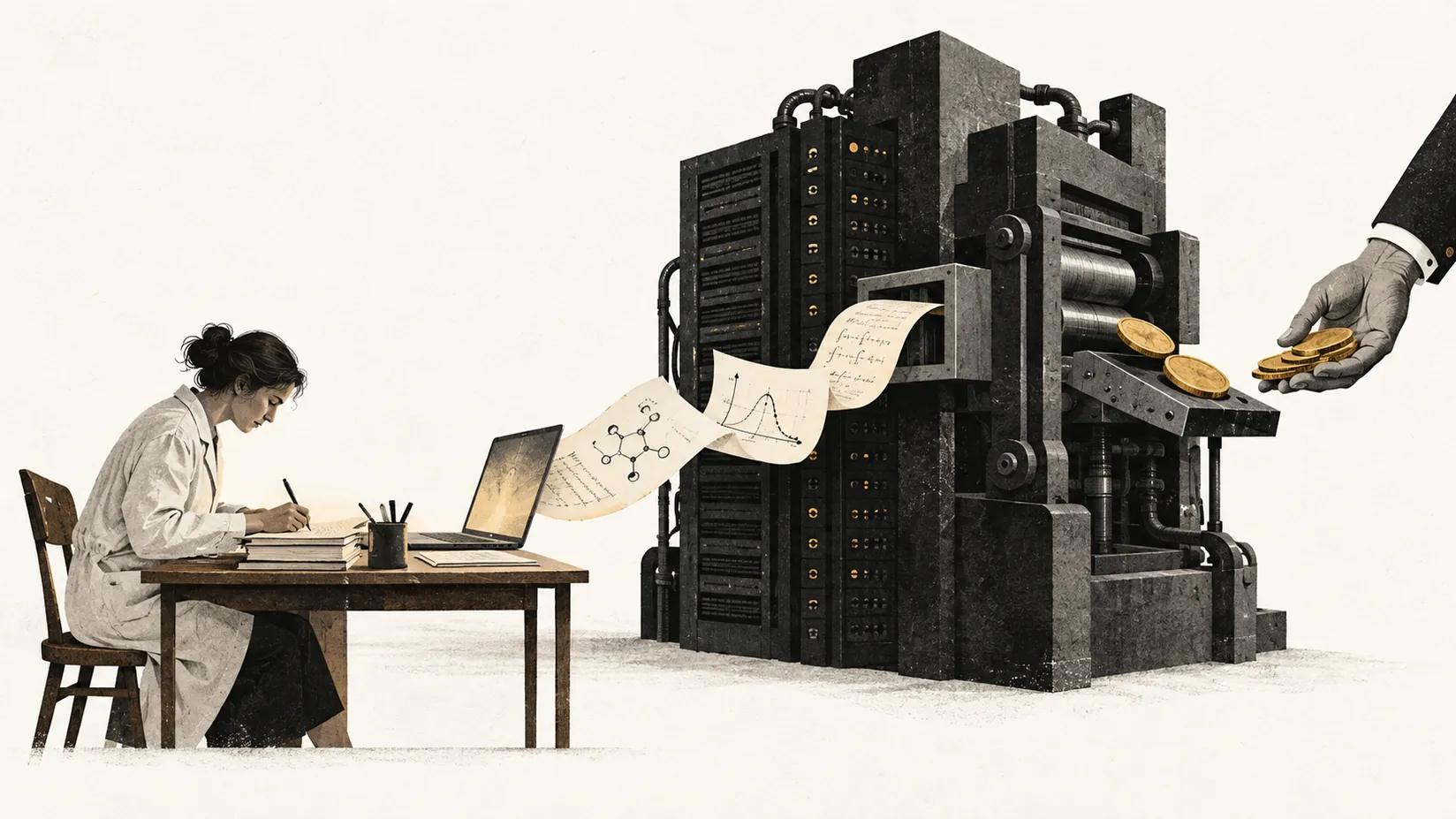 Scientist researching next to a machine that transforms scientific papers into gold coins