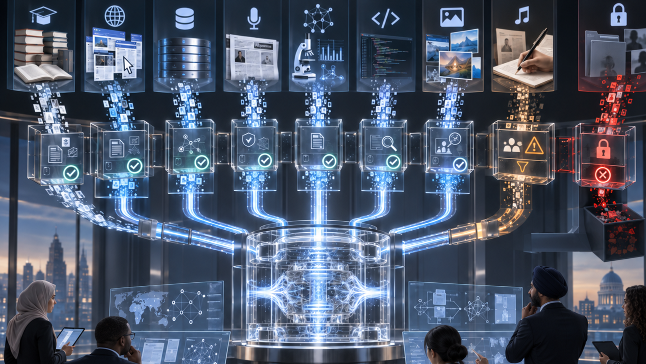 Conceptual illustration of transparent and regulated AI training-data pipelines